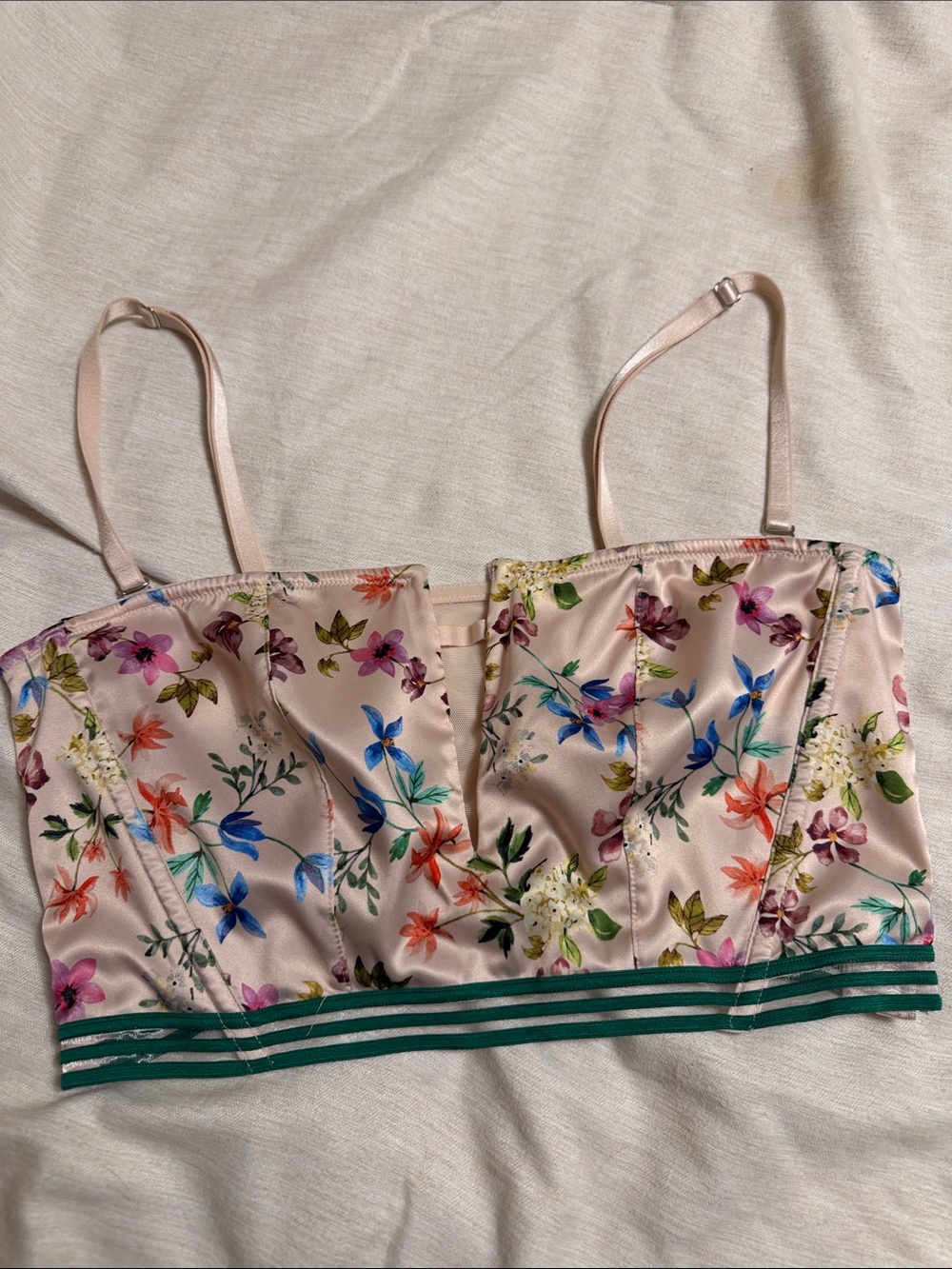 Victoria's Secret Pink Floral Satin Crop corset Cami with Green Striped Hem